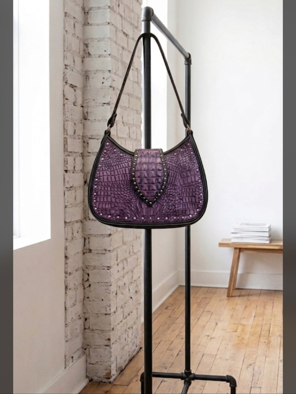 Double J Saddlery Genuine Leather Croc Purple Croc-Embossed Studded Shoulder Bag